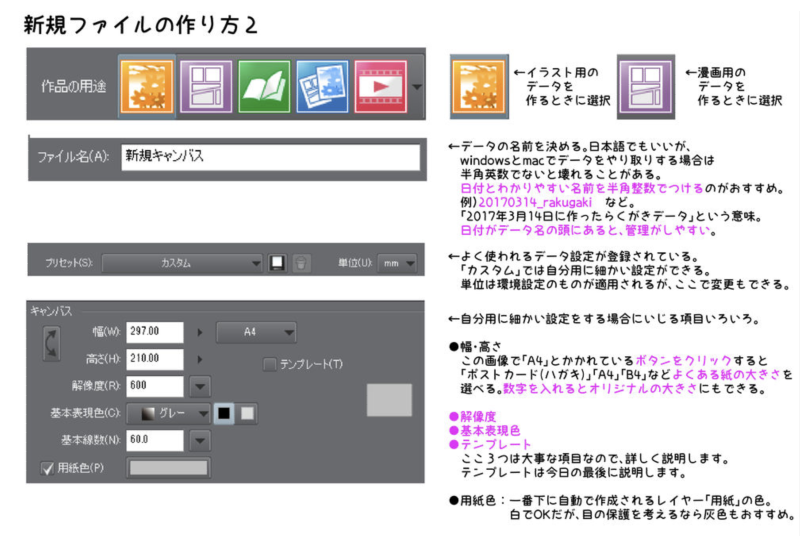 お絵かき講座パルミー 春割開催中 クリスタでお絵かきの最初に開く新規メニュー キャンバスサイズだけ決めて開いたりしてませんか S ﾄﾞｷｯ 作品の種類によってメニューが用意されていたり ファイル名を指定することができるので活用ください
