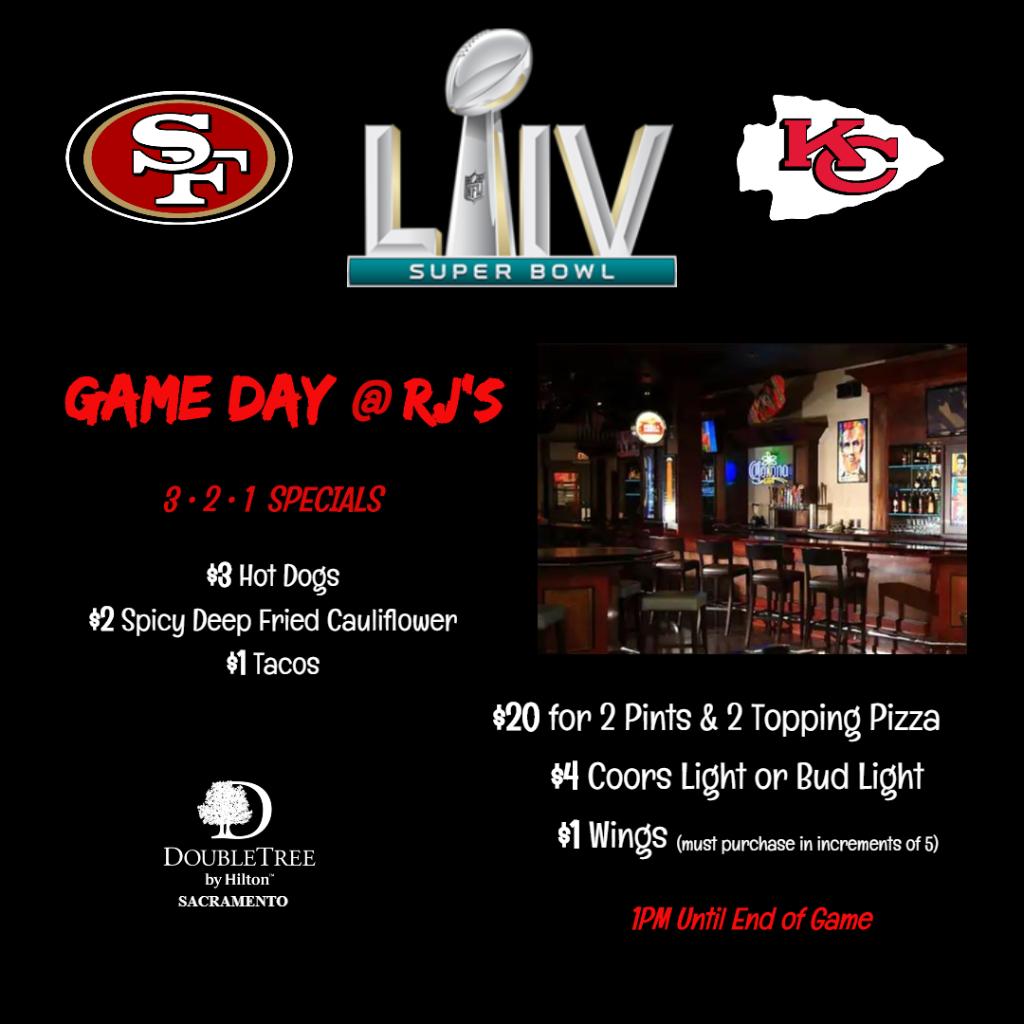 DoubleTreeSac's tweet image. Game Day is Just a Few Days Away! 
#SuperBowl2020 #GameDay #SuperBowlParty #SuperBowl🏈 #WatchParty #RJsHappyHour #RJs #WhereItsAlwaysHappyHour #Niners #Chiefs #SF #KC