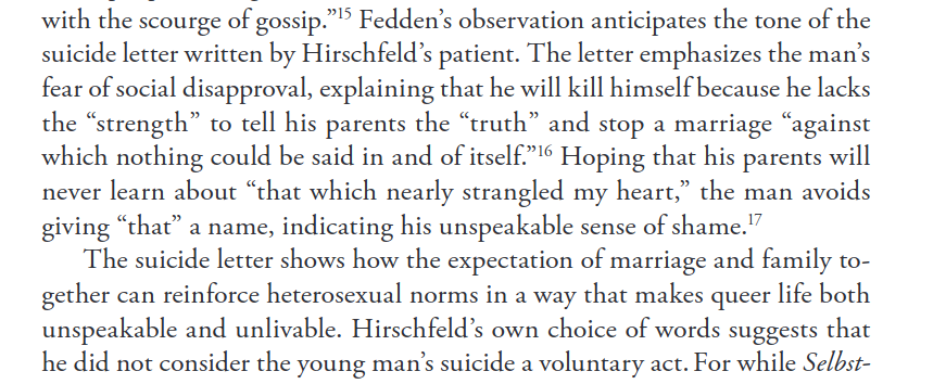 Anecdote #2: Suicide Culture and Non-Trans Sexual Minority.In Germany ca. 1900 "suicide" was called "Selbstmord" -- self-murder, implying how grave and punishable a crime it was regarded. Yet Magnus Hirschfeld, a gay sexologist, saw his gay friends self-murdering left & right.
