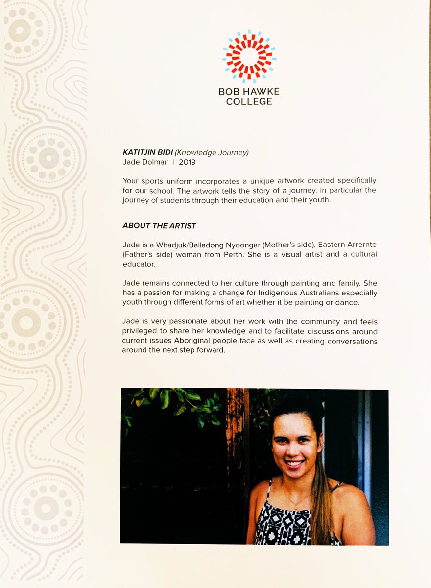 Some information about the talented Jade Dolman and her artwork for the Bob Hawke College sports uniform (work by Lauras’s friend)