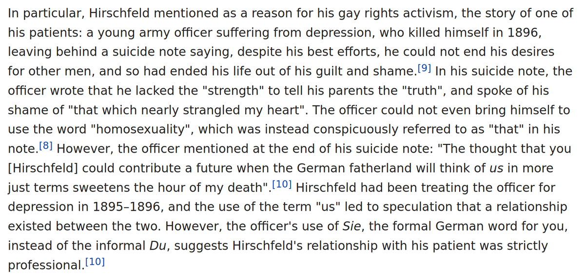 Anecdote #2: Suicide Culture and Non-Trans Sexual Minority.In Germany ca. 1900 "suicide" was called "Selbstmord" -- self-murder, implying how grave and punishable a crime it was regarded. Yet Magnus Hirschfeld, a gay sexologist, saw his gay friends self-murdering left & right.