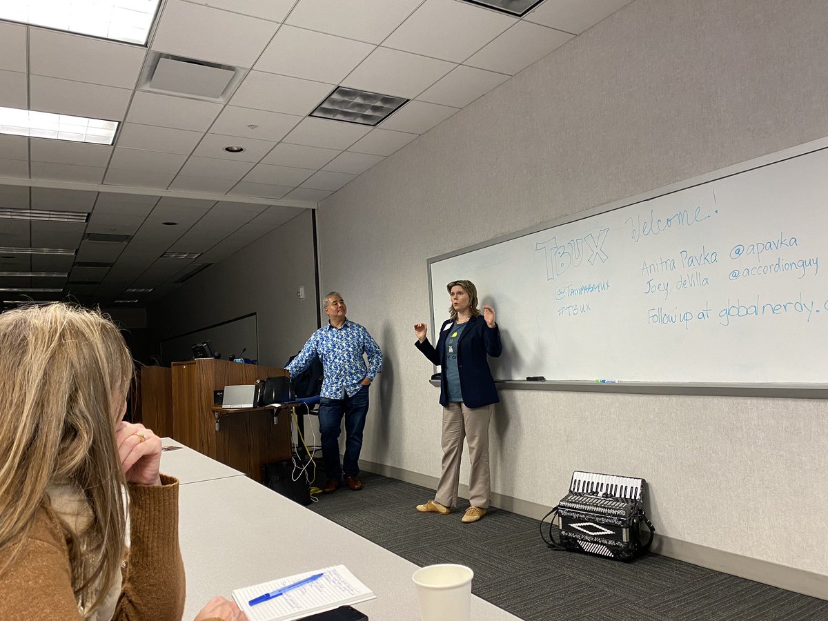 These 2 are fabulous speakers! Thank you <a href="/apavka/">Anitra Pavka (@anitra@mastodon.cloud)</a> &amp; <a href="/AccordionGuy/">Joey de Villa (@AccordionGuy@mastodon.cloud)</a> for sharing the latest &amp; greatest in #a11y for iOS. Wow - so many helpful features for everyone! (Turning off video auto-play now...)  #tbux #ux