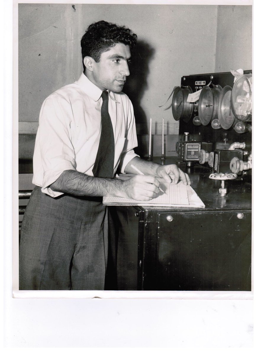 Dear Internet: this is a recently discovered pic of my dad, Dr. F.  Reza.  Can anyone shed light on the machine?

Our best guess is this pic is  vintage late 1930s. He passed away in Nov 2019, 6 weeks short of turning 1O5. He was a scientist &amp; pioneer in info theory. Thank you!