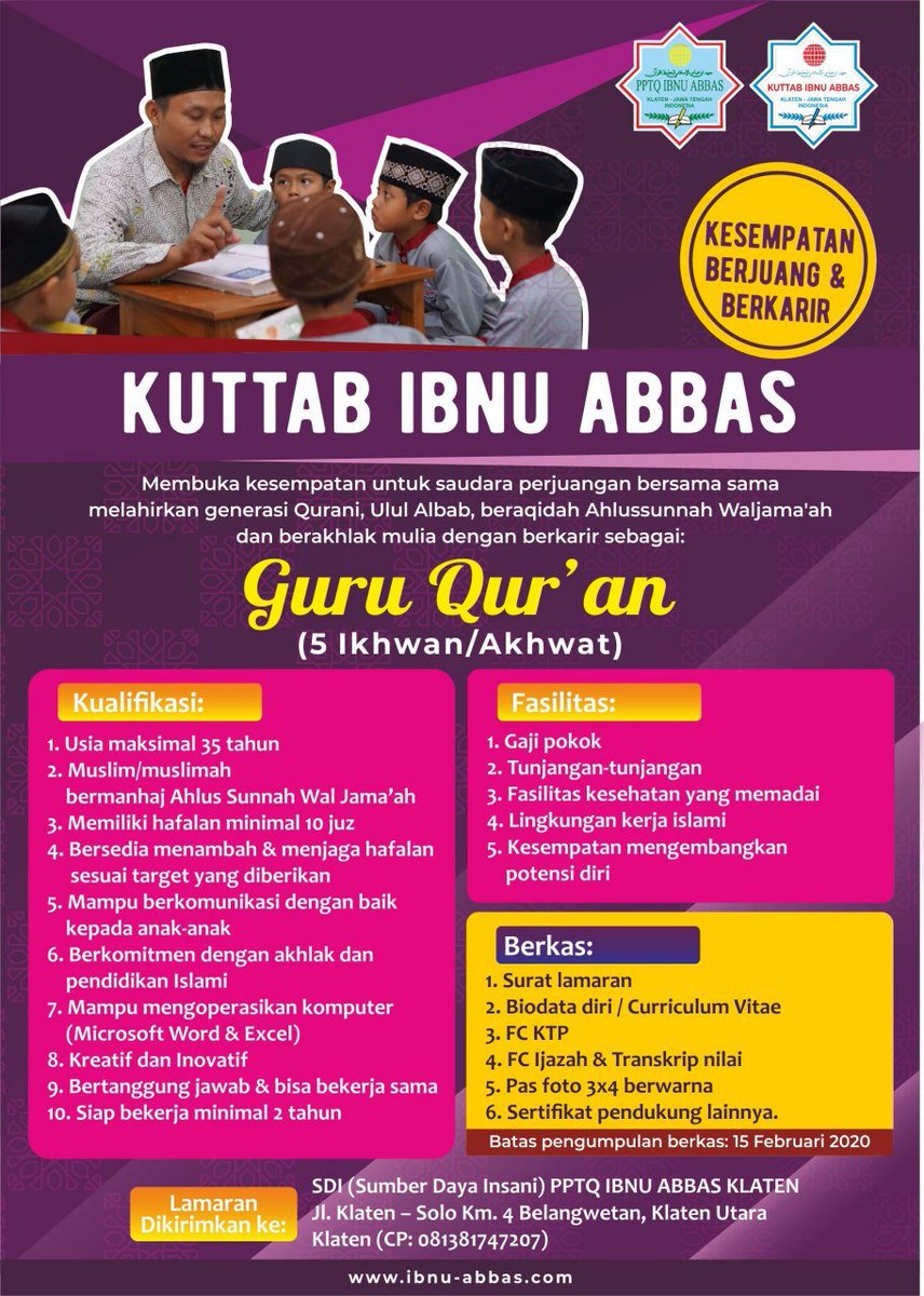 ibnuabbasklaten's tweet photo. Kesempatan berjuang dan berkarir bersama PPTQ Ibnu Abbas Klaten
#ibnuabbasklaten #ibaska #smpitibaska #smaitibaska #kmiibaska #kuttabibaska #mahadalyibaska #psb #psbibaska #psbibnuabbasklaten #bertabur #bintang #prestasi #bertaburbintang #santriasyik #yukmondok #santri #umrah https://t.co/m5mufwSa5O