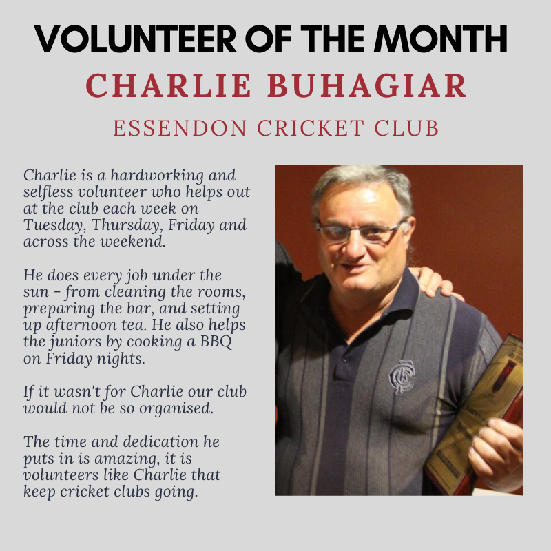 Congratulations to Charlie Buhagiar from the Essendon Cricket Club for winning our 'Volunteer of the Month' for January 2020. 

You can nominate a volunteer for the award from this link: ow.ly/FBb750y9FUk