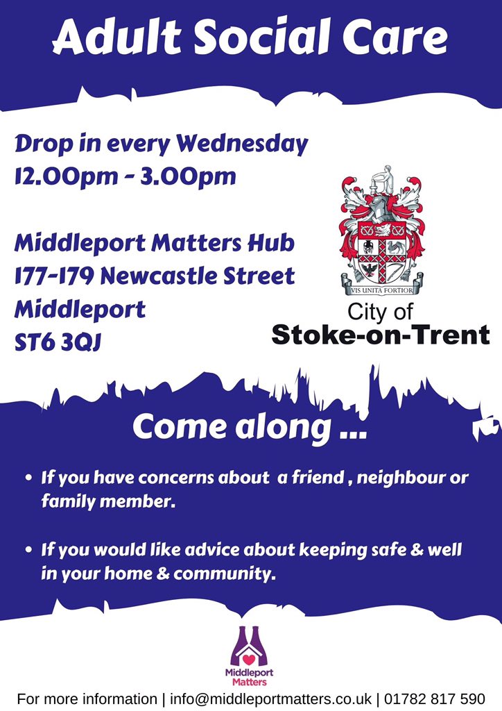 Every Wednesday 12.00pm - 3.00pm Rachel from Adult Social Care will be at the hub. Please see the flyer attached for more details. #MiddleportMatters #community