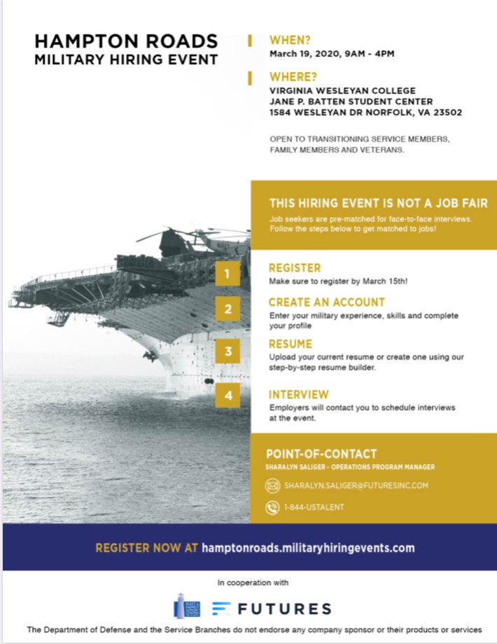 Hampton Roads Hiring Event for Transitioning Service Members  / Vets / MilSpouses

1   Register by March 15 
2  Create account
4  Research company 
5  Target &amp; Upload resume 
6  Interview

#Veterans #JobFair #Military #milspouse #militaryspouse #hamptonroads #jobsearch #Jobs