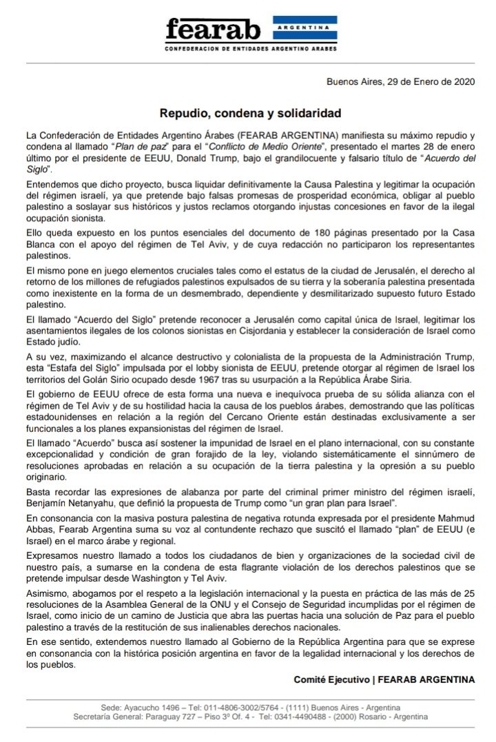 COMUNICADO FEARAB ARGENTINA

"Repudio, condena y solidaridad"