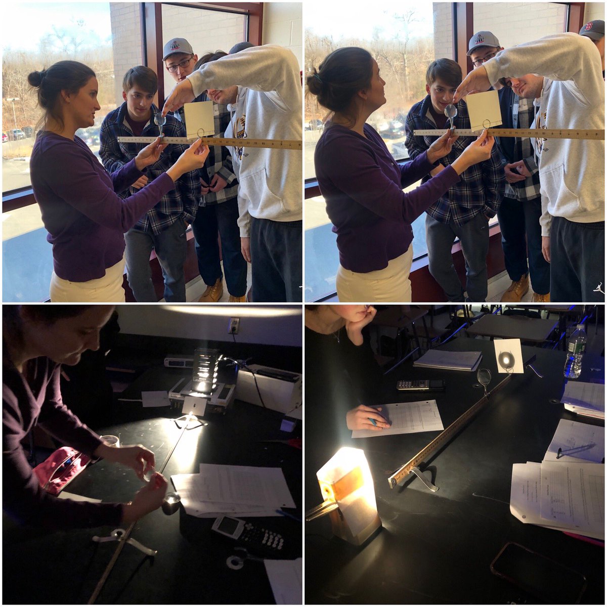 CCanfield100's tweet photo. Predicting lens focal length from calculations in the dark, then testing their predictions with an optical bench in the daylight. That’s what #NewtownHS #physics students were doing today in Mrs. Lowell’s #APhysics class. #science https://t.co/KC59SYClkO
