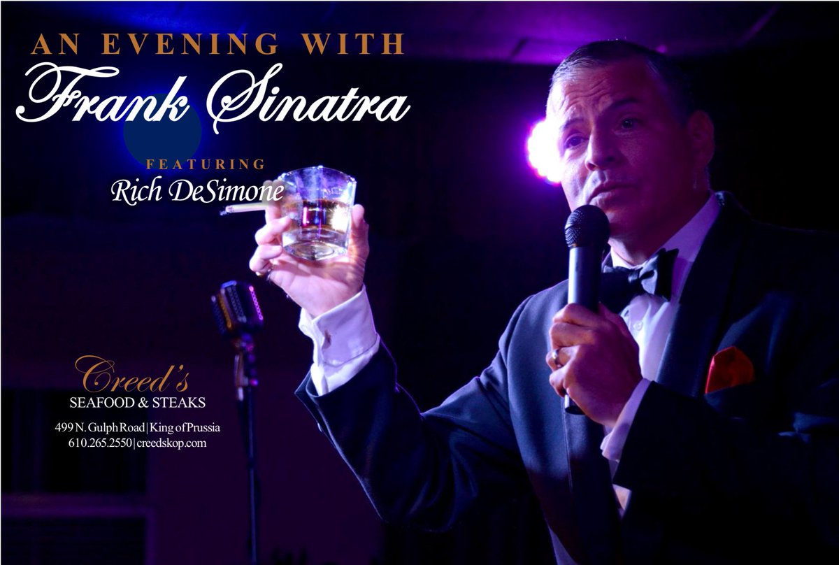 The #iconic music of one of the most influential #crooners of all-time is brought to life again 🎤. Enjoy An Evening with #FrankSinatra featuring renowned vocalist, Rich DeSimone. Join us on 𝟮/𝟮𝟳 𝗮𝘁 𝟳:𝟬𝟬𝗽𝗺 in the #bar. Reservations recommended. creedskop.com/reservations