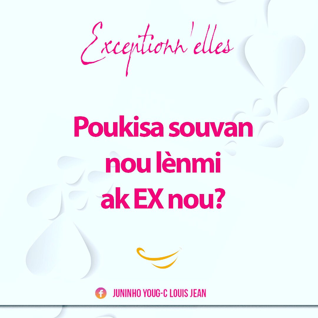 ClauvellJean's tweet image. Jan yon moun rantre nan vi w se pa konsa li toujou sòti. Men mare fache ak yon moun ki te konn fè kè w kontan sa mande gwo refleksyon. Vin pataje sa w panse de sa. Pa bliye tag yon pwòch ou pou w ka konn avi l tou.
#EXceptionnelles #Roman 
2ème ouvrage de Clauvell Jr Louis Jean.