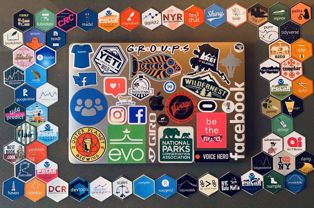 SethDimick's tweet photo. #rstudioconf: the *premier* event of the year for #hexsticker acquisition (...and knowledge and networking pertaining to @rstudio and the #tidyverse I suppose...) https://t.co/2WbTjNnCXM