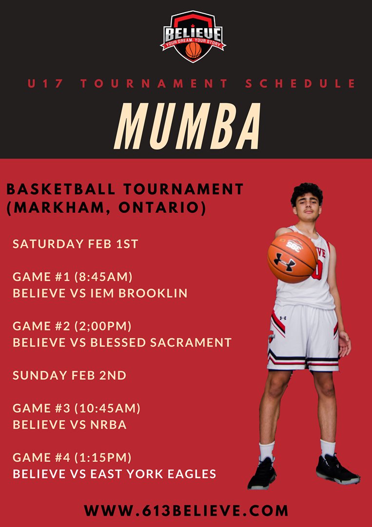 Going down this weekend 🏀🇨🇦

U17 SCHEDULE

GAME 1  LOCATION ( FATHER MICHAEL MCGIVNEY CHS )
GAME 2 LOCATION ( MARKVILLE SECONDARY )
GAME 3 LOCATION ( MILIKEN MILLS H.S )
GAME 4 LOCATION ( MILIKEN MILLS H.S )

Tournament location Markham, ON