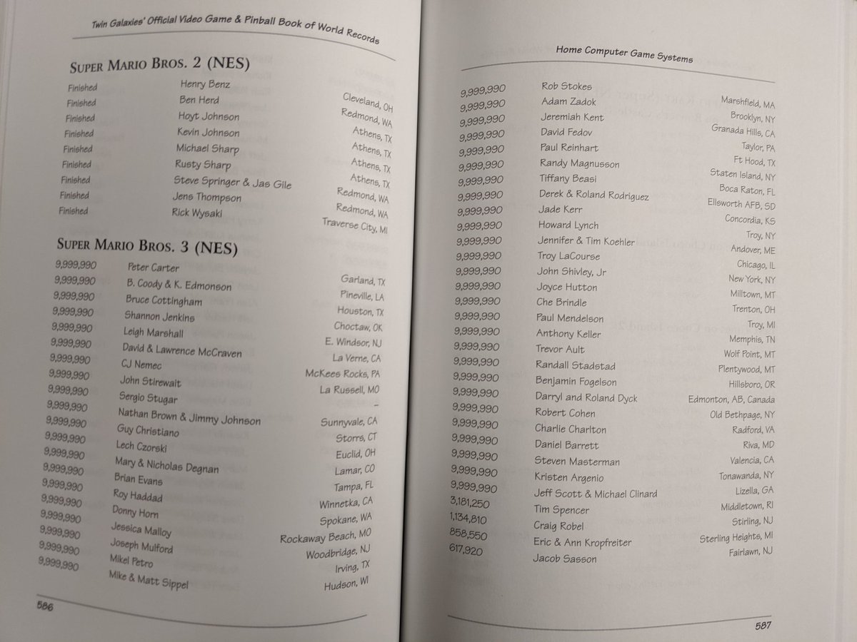 A couple pages from "Twin Galaxies Official Video Games & Pinball World Records" showing nine people tied for Super Mario Bros. 2 having a score of "finished" and dozens of people having maxed out the score in Super Mario Bros. 3 and also one guy who got 617,920 in Super Mario Bros. 3.