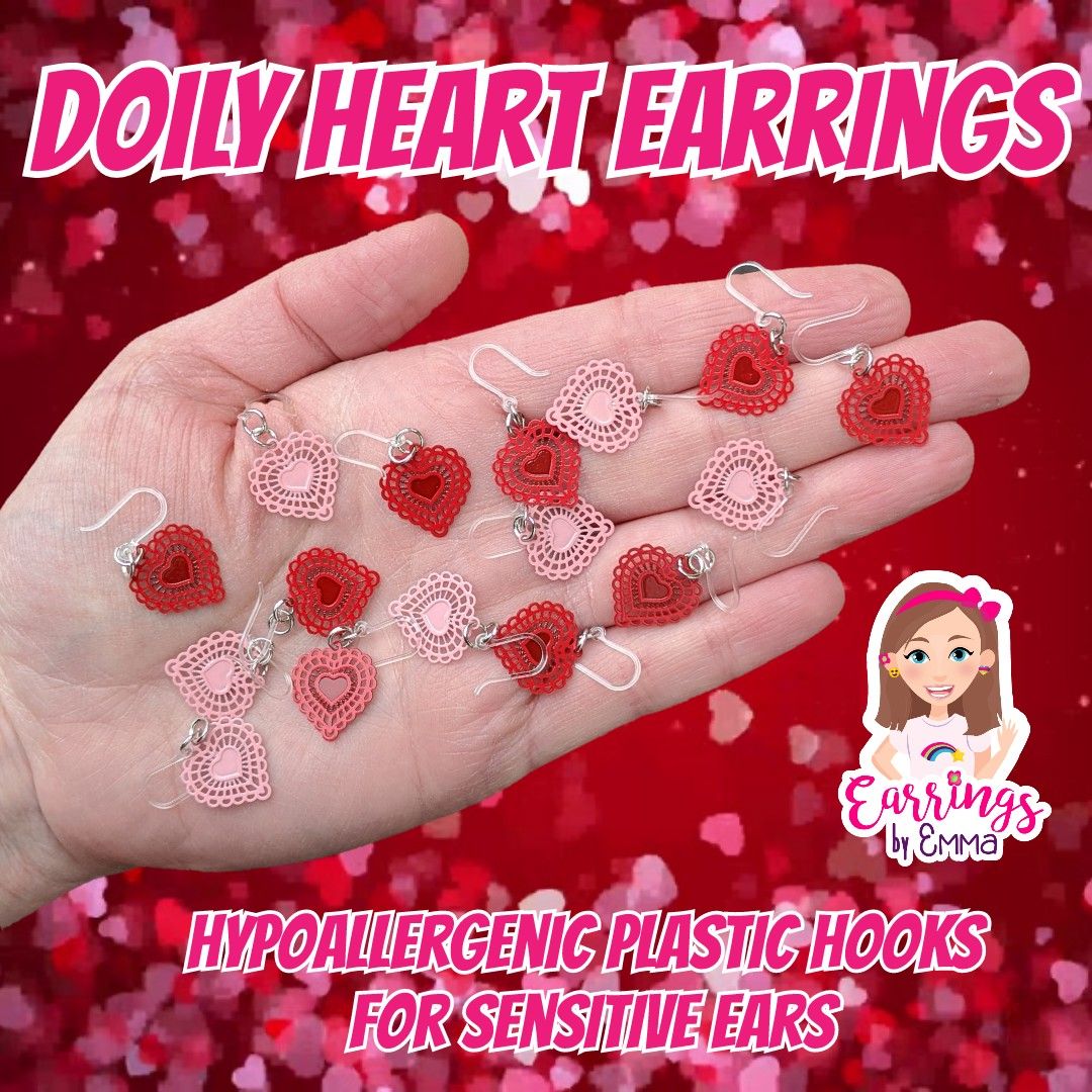 earringsbyemma's tweet photo. 💕 These Doily Heart Earrings are so precious & dainty, great for all ages!💗 Made with hypoallergenic plastic hooks for sensitive ears! 💞
#earringsbyemma #plasticposts #sensitiveears #metalallergy #earringallergy #hypoallergenicearrings #heartearrings #ValentinesDay https://t.co/uYG1WbKF1g