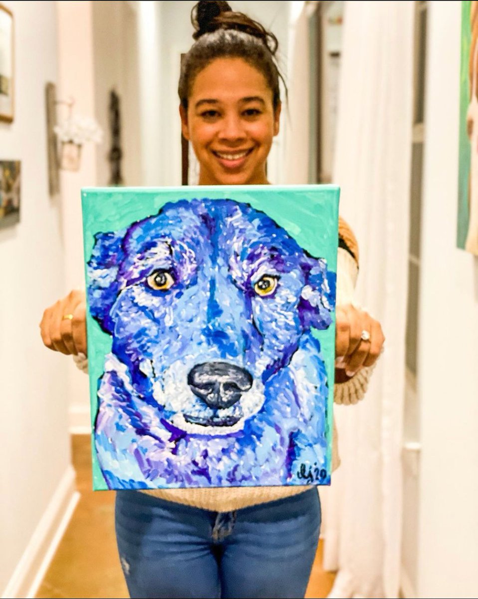 lemmepaintdat's tweet photo. #repost from @fallonwearsprada 

You're the coolest for having a mini photo shoot with your painting! 😍

Commissioned by Fallon for her and her Dad to remember sweet Charlie. 🌈 https://t.co/OOw9GdyOqm