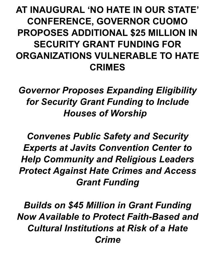 FeinerRivkie's tweet photo. Thank you @NYGovCuomo for your strong words & actions today at your inaugural #NoHateInOurState #2020SecurityGrantConference. We especially appreciate your expanding eligibility for #HateCrimes #SecurityFunding to include #HousesOfWorship. Sadly it’s very needed #Monsey #Rockland https://t.co/OvZUNtvP63