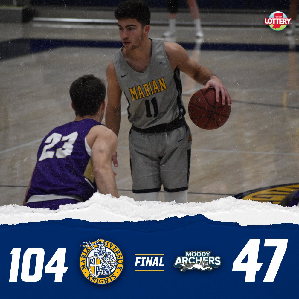MUKnights's tweet photo. MBB | FINAL | Marian 104-47 Moody Bible

@MarianMensBBall dominates the Archers in a non-conference matchup and improve to 18-5 on the year with the win! 

Carter Taylor leads Marian with 25 points and 12 rebounds off the bench!

Next: No. 2 Indiana Wesleyan Saturday at 3 PM https://t.co/QE2tyzpI6F
