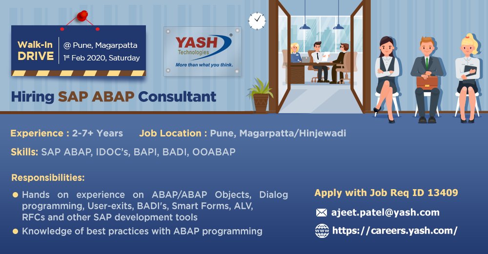 Yashcareers's tweet photo. Want to #JoinYASH? #Inviting! SAP #ABAP professionals.
##YASHTechnologies #YASHCareers #SAP #Hiring #Pune https://t.co/J0EkaYYb00