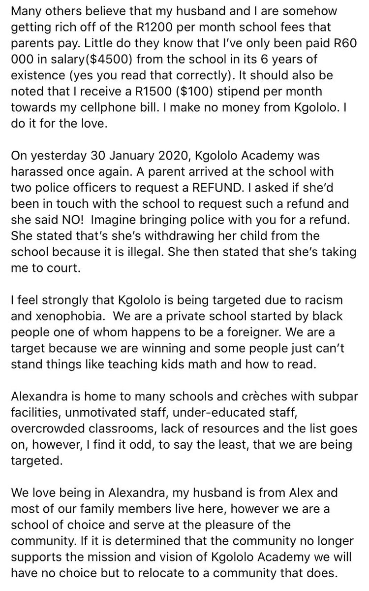 Open Letter from Kgololo Academy Co-Founder