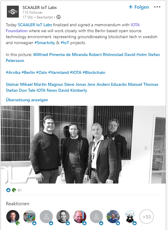 "Today #SCAALER #IoT Labs finalized and signed a memorandum with #IOTA Foundation where we will work closely with this Berlin based #opensource #technology environment, representing groundbreaking #blockchain #tech in swedish and norwegian #Smartcity &amp; #IoT projects."