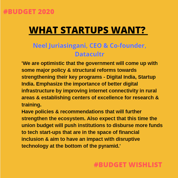 #Budget2020 | Startup Wishlist

Dear #FinanceMinister, 

Here's what <a href="/neeljin/">Neel Juriasingani</a> of <a href="/datacultrworld/">Datacultr</a>, a Platform-as-a-Service (PaaS) player wants from Budget 2020!

<a href="/FinMinIndia/">Ministry of Finance</a> <a href="/nsitharaman/">Nirmala Sitharaman</a> <a href="/startupindia/">Startup India</a> <a href="/ShereenBhan/">Shereen Bhan</a> <a href="/CNBCTV18News/">CNBC-TV18</a>