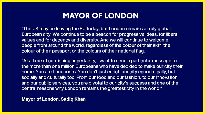 A dark blue graphic with a yellow outline containing a statement text from the Mayor of London