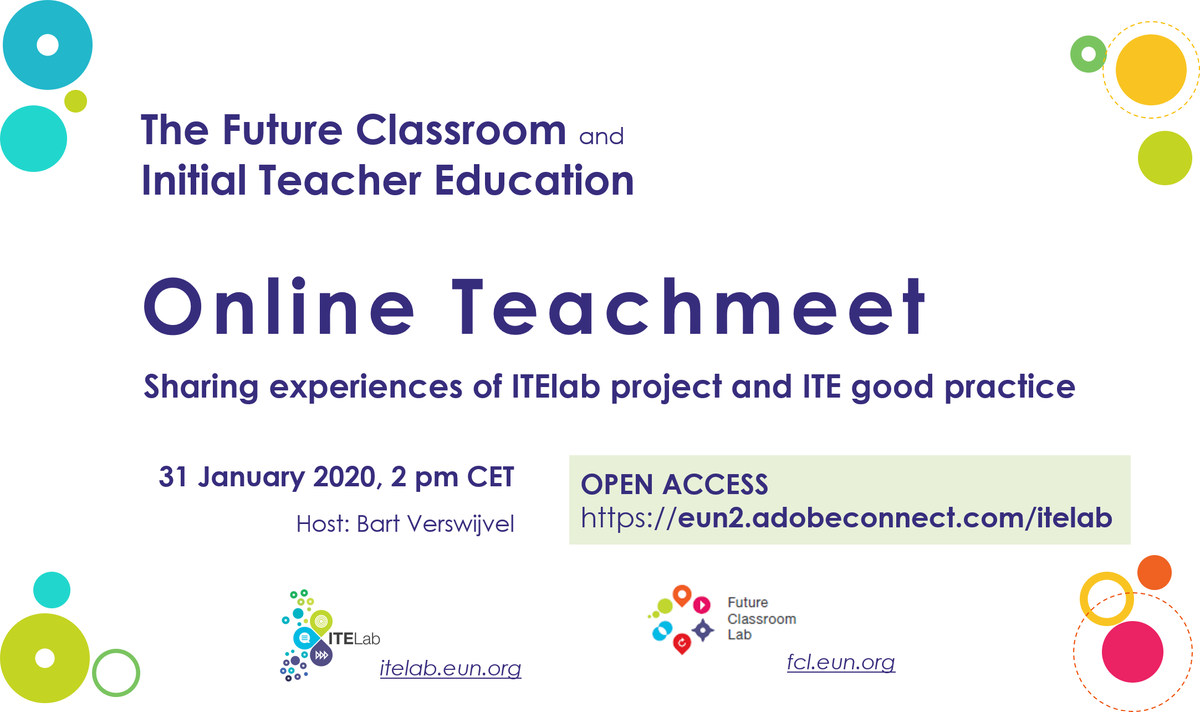 Bart Verswijvel (@bartverswijvel) on Twitter photo Join today Friday 31 January at 2pm CET open webinar in Teachmeet style. European speakers will share good practice and lessons learned in the field of Initial Teacher Education. Open access: eun2.adobeconnect.com/itelab (Join as guest) #itelab_eu #fcl_eu <a href="/eu_schoolnet/">European Schoolnet</a> Join today Friday 31 January at 2pm CET open webinar in Teachmeet style. European speakers will share good practice and lessons learned in the field of Initial Teacher Education. Open access: eun2.adobeconnect.com/itelab (Join as guest) #itelab_eu #fcl_eu <a href="/eu_schoolnet/">European Schoolnet</a>
