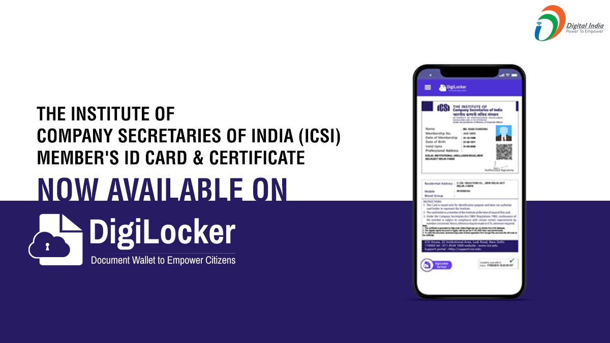 _DigitalIndia's tweet image. The Institute of Company Secretaries of India (@icsi_cs) has partnered with @digilocker_ind to make its member&apos;s ID card &amp;amp; certificate available via the app.

If you are a #ICSI member, download #DigiLockerApp for ID verification purpose.

#DigitalIndia
