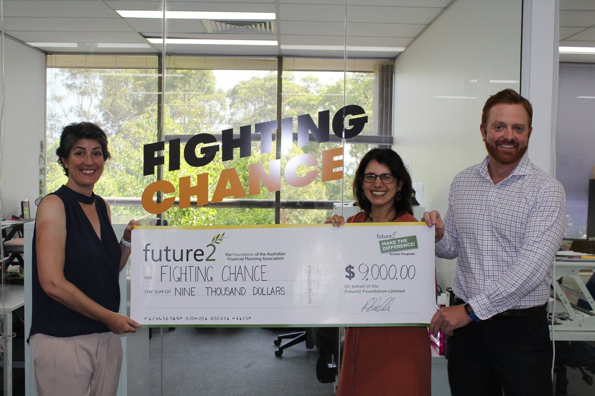 Future2Foundn's tweet photo. Amanda and Christine from Fighting Chance Australia, were presented with their #Future2 2019 grant cheque by Ian Wright CFP® who endorsed the grant. https://t.co/LScn6Z47EL