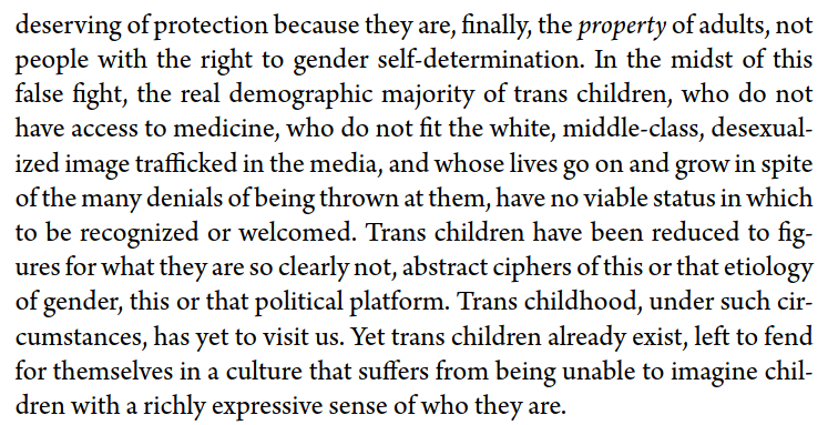 I think part is that, as Julian Gill-Peterson points out, the false ideal of a "trans kid" or "trans suicide victim" is white. But I also suspect black trans women tend to confront communal suicidality differently, & we queers have much to learn from the politics of black power.