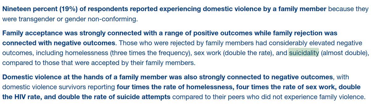 Studies time & again explain one of the greatest enablers of suicide is family support, followed by institutional support. This is part of why, though trans suicide rates are very high, they are also high for LGBTQ generally, as well as veterans, homeless ppl, & refugees.