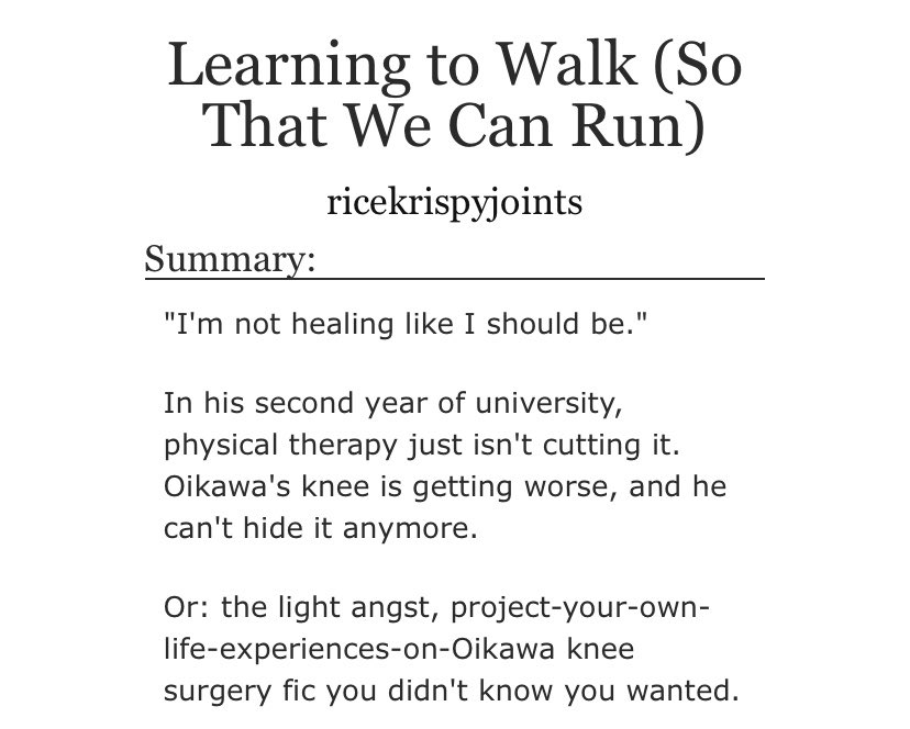 injury study and about experiencing/realizing that there are those around u to encourage, support and care for u! oikawa works through his knee injury w iwamy heart breaks for oikawa but im weak for supportive friends and iwa is the definition of support https://archiveofourown.org/works/5393144 