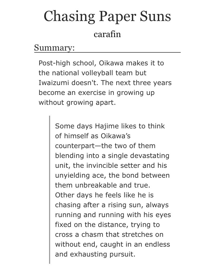 about time and friendship and everything in between. oikawa makes it onto the national team and iwa doesn’t and their friendship is tested the moving on, the post grad and separate universities heartbreak was TOO REAL. such a good one tho and quite short https://archiveofourown.org/works/3952705 