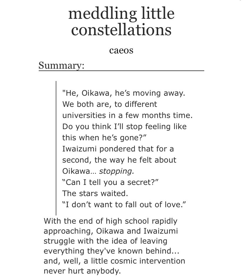 fluffy friends to lovers story. 2 pining idiots are helped out by a little cosmic intervention pov changes so u can hear BOTH of them pining? yes. makki and mattsun MAKE THIS FIC? yes. “stop the train i need to tell him that i love him” trope? yes. https://archiveofourown.org/works/18851011/chapters/44739808