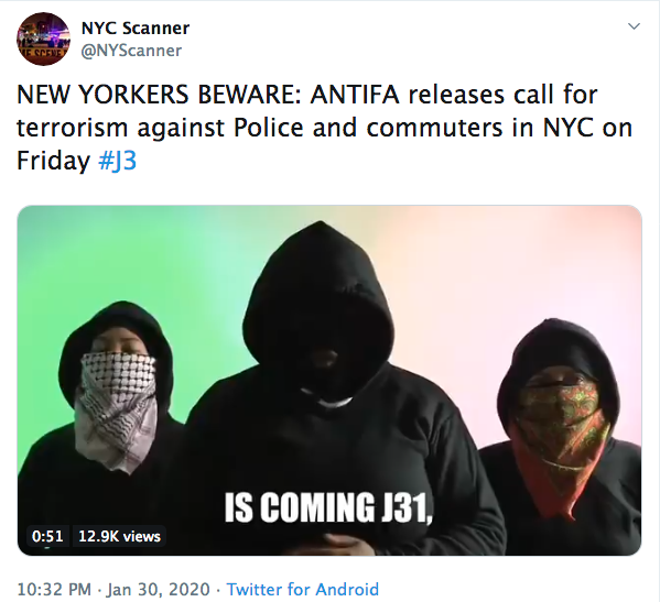 AshAgony's tweet photo. The racist NYC scanner account (that stoked outrage over cops getting water thrown on them during the summer) is now trying to fearmonger over the FTP march tomorrow.
& of course, they made sure to use all the right buzzwords to scare their racist, right-wing followers. https://t.co/U787tMnVZi