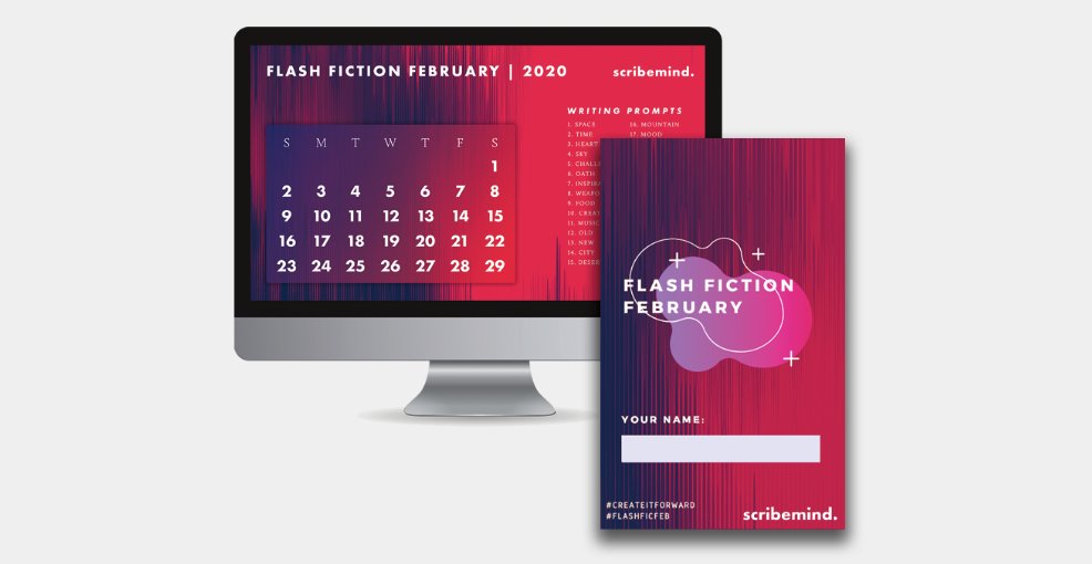 Graphic of a colorful pink and blue calendar wallpaper on an iMac screen. To the right of this is the cover of a PDF booklet, which shows an abstract gradient shape overlaid with the words “Flash Fiction February."
