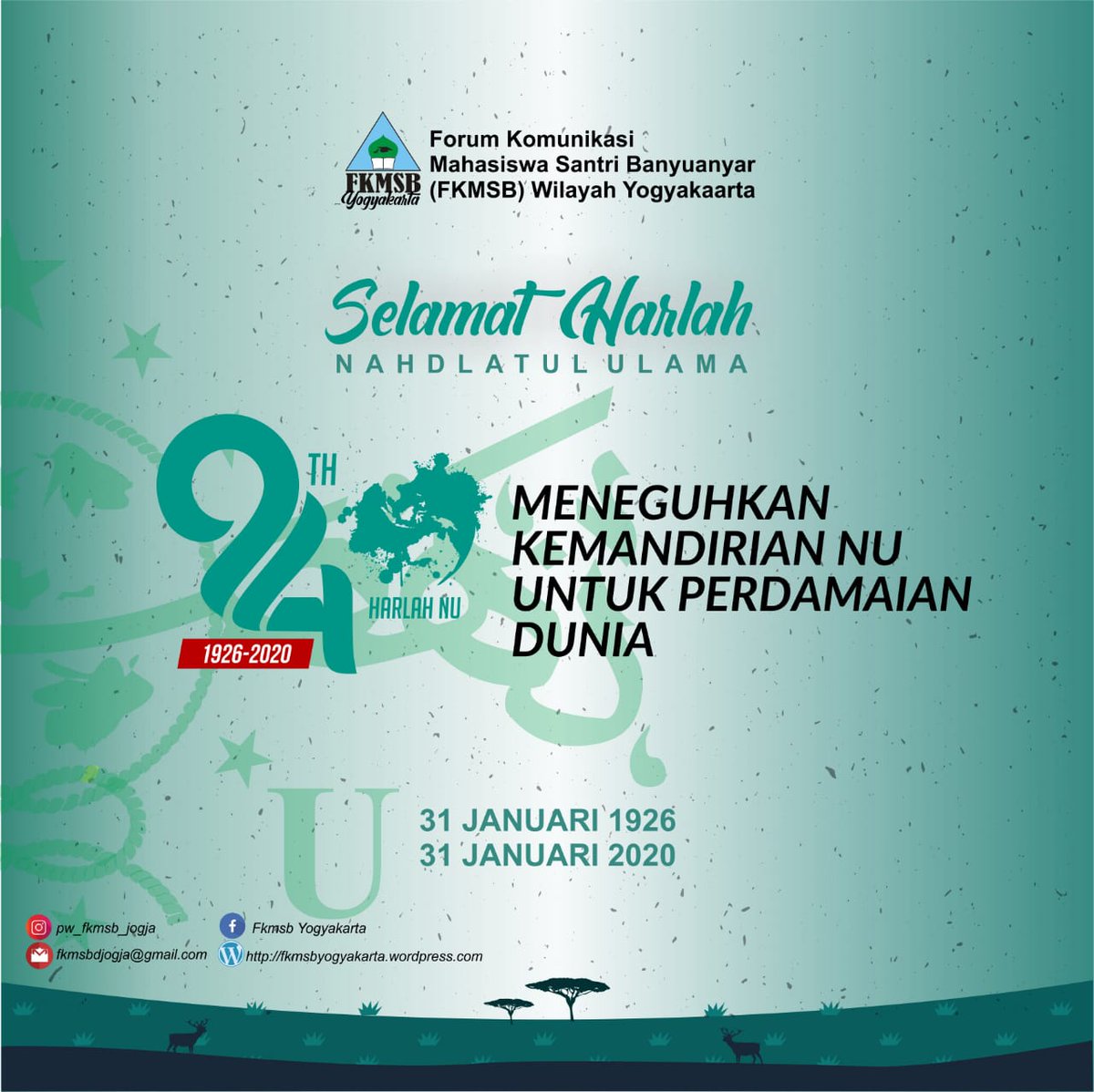 fkmsbyogyakarta's tweet photo. Selamat Harlah ke-94 Nahdlatul Ulama (NU).

31 Januari 1926 — 31 Januari 2020
#Harlah94NU https://t.co/H7huPesyLF
