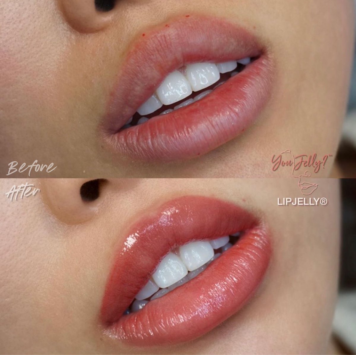 A closer look at #LIPJELLY before, after, and freshly touched up. I custom mixed for each client’s individual lips, skin tone, and lip goals #liptattoo #pmulips #cosmetictattoo #mlbb