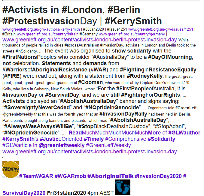 WgarNews's tweet photo. #Activists in #London #Berlin #Athens #ProtestInvasionDay | #KerrySmith #GLWauthor @greenleftweekly https://t.co/p2WjMsHIIQ | #WGARmob https://t.co/2zxZR0Yqo0 ft GLW #Resist250 #AmnesiaDay #AboriginalDayOfMourning #AboriginalSovereigntyDay #AbolishAustraliaDay #NOprideInGenocide https://t.co/35AUxapB3q