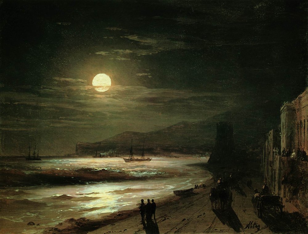 I have a feeling that the political clown circus is going to be even more intense tomorrow, so I'm doing a preemptive strike of calmness by adding to this thread. "Moon Night" by Ivan Aivazovsky. I love this one - the moonlight shadows are perfect.