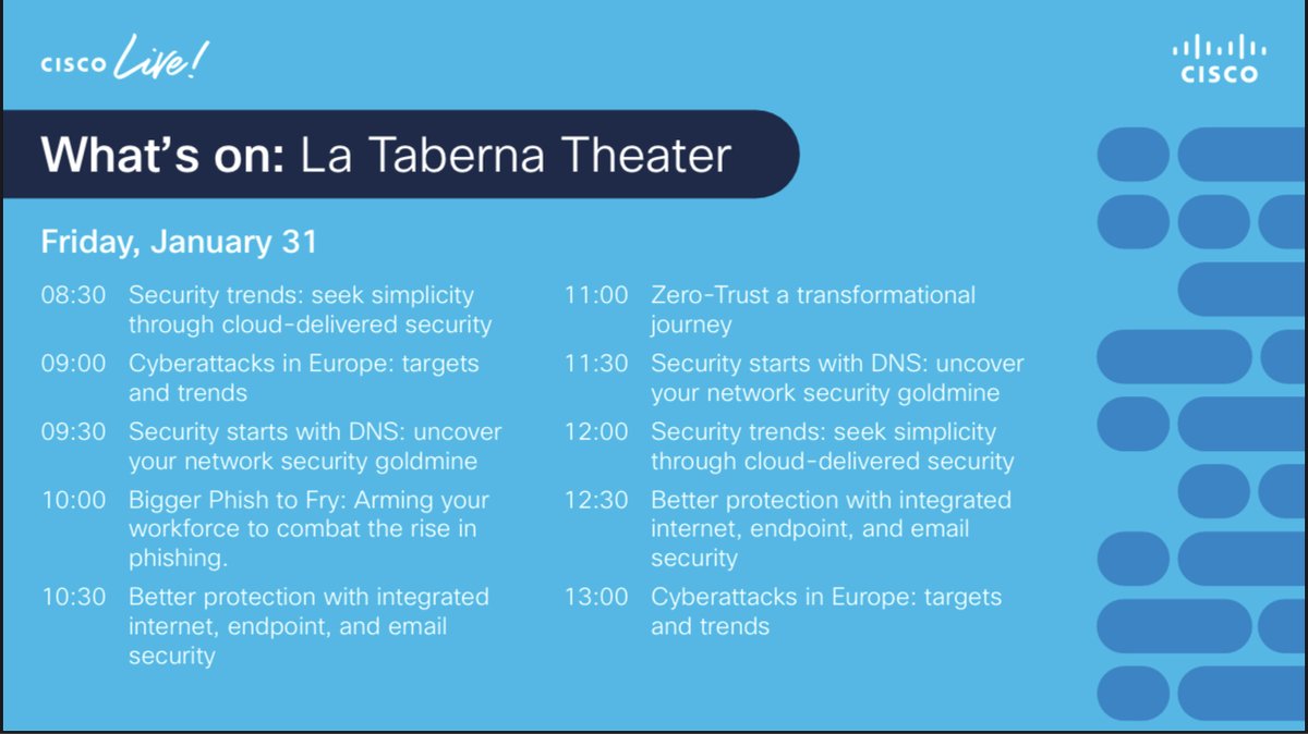 CiscoUmbrella's tweet image. Last day of #CLEUR 2020! We hope you’ve enjoyed your time. 

If you haven’t visited La Taberna in The Hub, attend a session to hear what we’re about &amp;amp; get an exclusive #SecurityNinja tee in return!