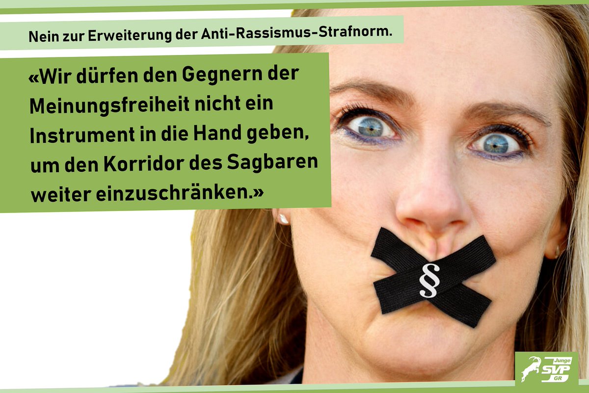 JSVP_GR's tweet photo. Nein zur Erweiterung der Anti-Rassismus-Strafnorm am 9. Februar 2020. #abst20 #jsvpgr #politik
https://t.co/ysbdaXjFbj https://t.co/t82vqNOmZR