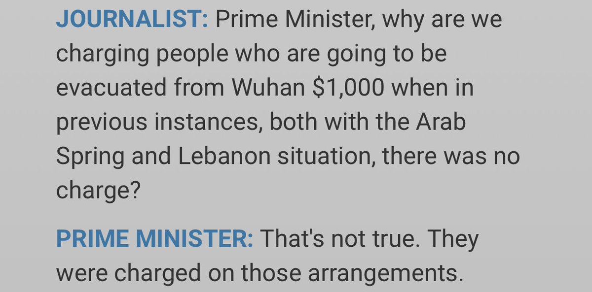 Morrison’s claim that Labor charged Australians for tickets on charter flights out of Egypt during the 2011 uprising is an outright falsehood. The cost (about $3400 per person) was borne by the Government. Why is #ScottyfromMarketing slugging Aussies to get them out of Wuhan?