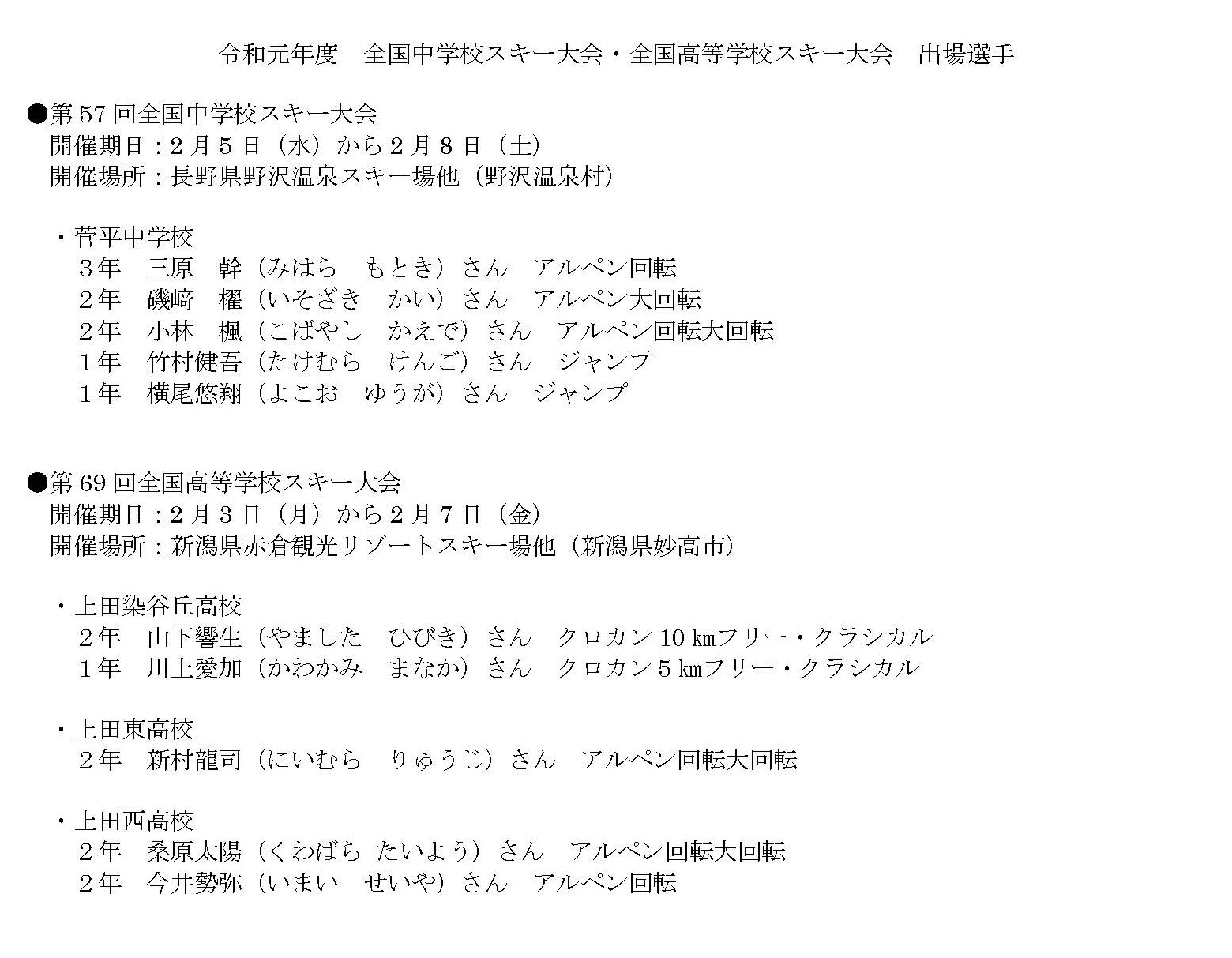 上田市 2月5 8日に野沢温泉で開催される 第57回 全国中学校スキー大会 および2月3 7日に新潟県で開催される 第69回 全国高等学校スキー大会 に出場する市内中学 高等学校在籍の選手10名と関係者を招き壮行会を開催しました 市長から思う存分力