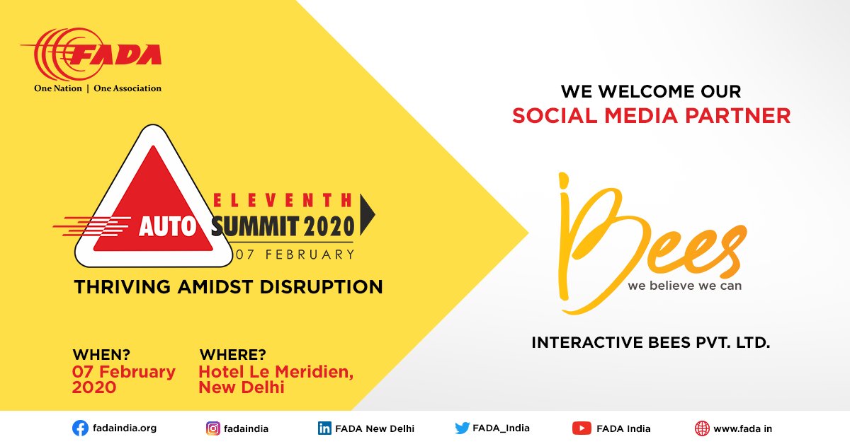 FADA_India's tweet photo. FADA is happy to announce @interactivebees as the Social Media Partner for the 11th Auto Summit.
Book your spot: https://t.co/IfykKxMjW9
#FADA #FADAAutoSummit2020 #ONOA #AutoSummit https://t.co/if8bLKexk7