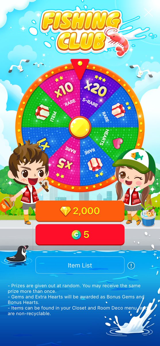 LINEPLAY_Info's tweet photo. Masters of the sea, master spins! Can you land that big catch? Fishing Club's Catch of the Day-themed Jackpot Spin is out! Spin this wheel for 5 cash or 2,000 gems to get a random prize each time. Prizes also include cash or gems, and hearts. Ends on February 13 at 9:00pm. https://t.co/Pu9GLGdLeL