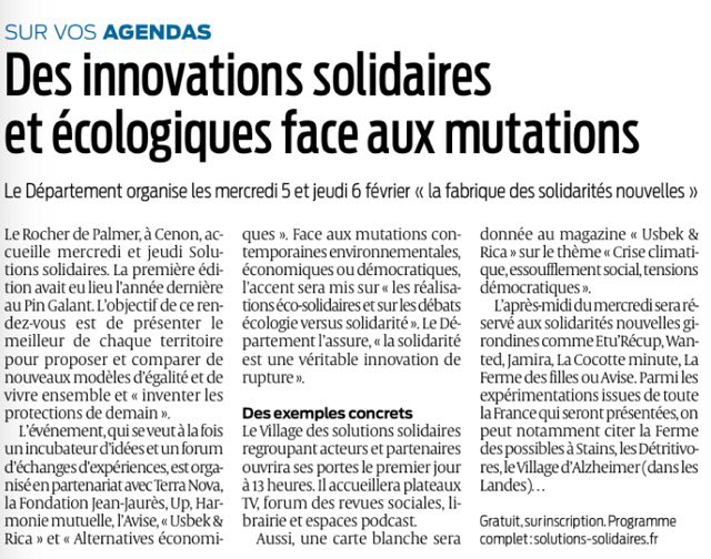 La deuxième édition des journées #solutionssolidaires les 5-6 février en #Gironde. Une revue des solutions et des idées pour l’urgence écologique et la justice sociale.
Programme et inscriptions ici 👉 solutions-solidaires.fr/le-rendez-vous… Une manifestation made in <a href="/gironde/">Gironde</a>