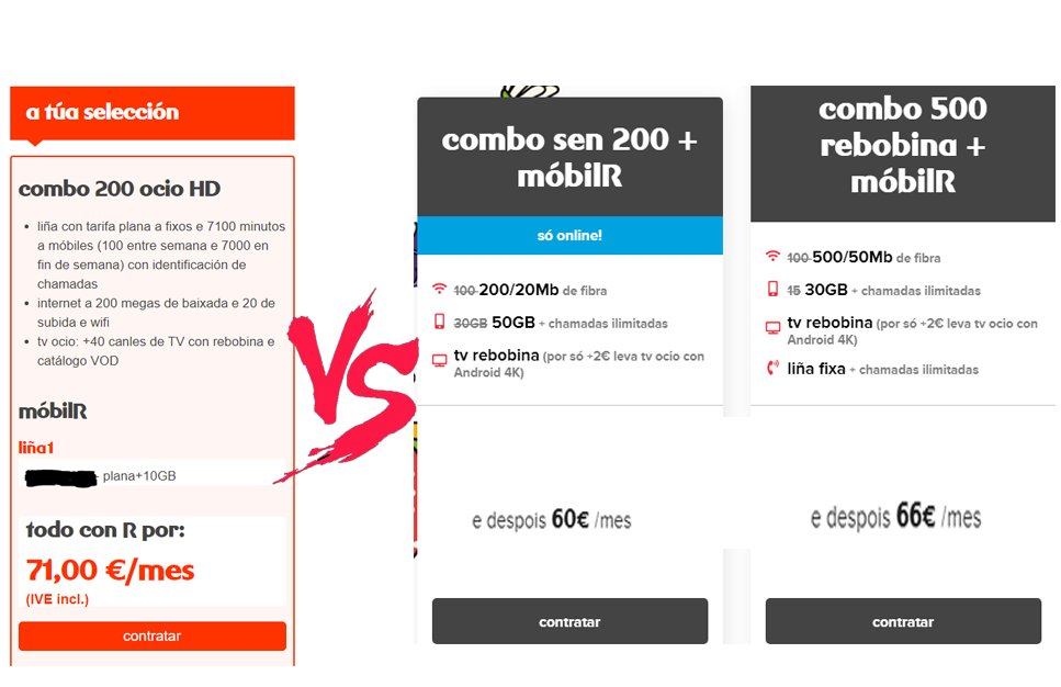 D4ni04's tweet photo. @os_de_R Entonces explicarme lo siguiente please. ¿Por qué pago entre 11€ y 5€ MÁS por tener MENOS?
-200/20 vs 500/50
-fijo vs lo mismo
-Tv ocio +rebobina vs lo mismo
-1línea 10gb vs 30gb

¿Paga menos alguien que lleva 6 meses que 20 años? https://t.co/0sR9cb3FIn