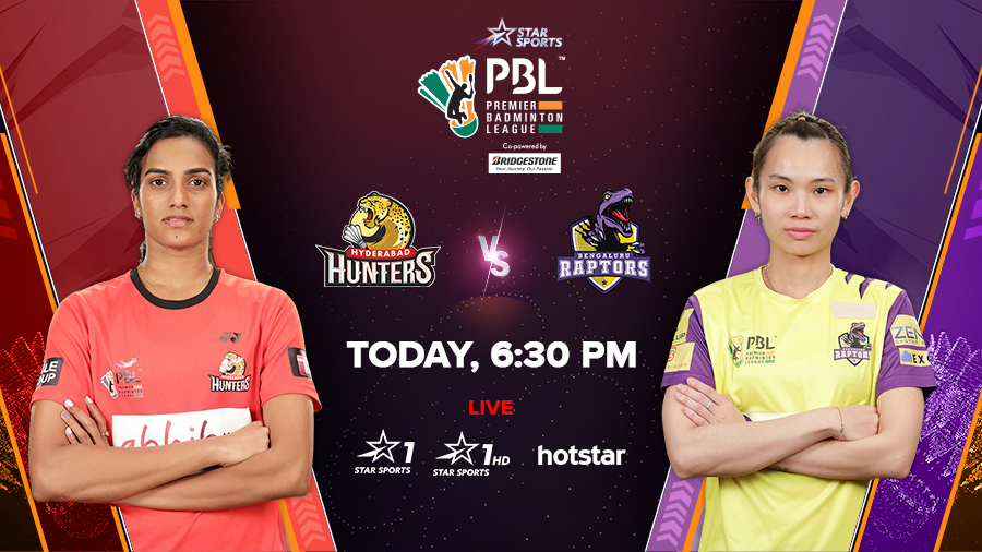 🌏 class shuttlers lock horns to defend their territory in #PBLSeason5! 

Will the Hyderabad Hunters carve out a victory against the Bengaluru Raptors? #HHvBRP 

Tune in to the #RiseOfTheRacquet:
⏳: 6:30 PM onwards
📺: Star Sports 1/1HD & Hotstar